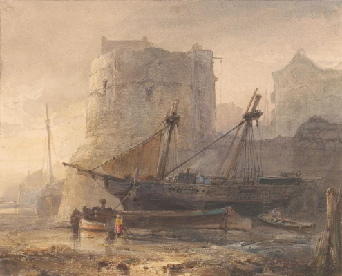 Schepen bij laag water in een Franse haven (1836)