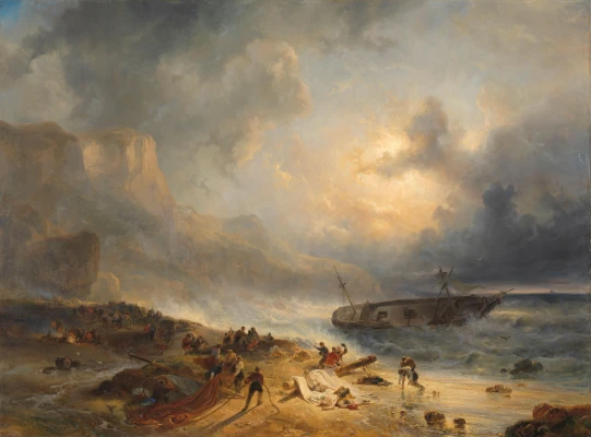 Schipbreuk op een rotsachtige kust (ca. 1837)